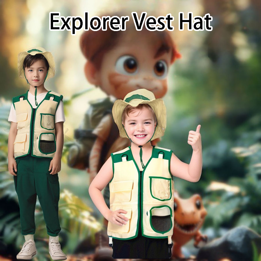 Outdoor Adventure Kids Party - Colete e chapéu para campismo infantil,
